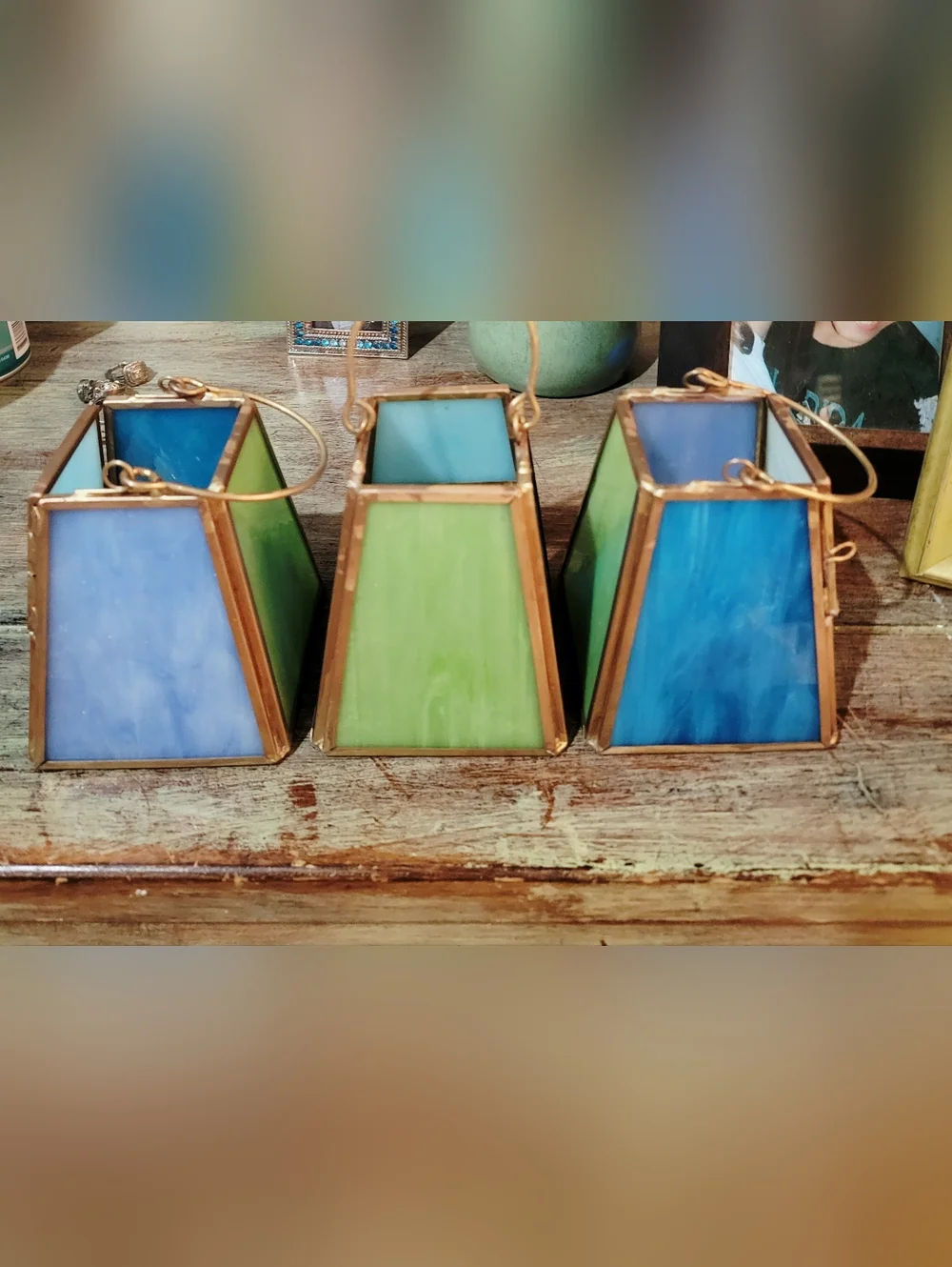Green Stained-Glass Lantern with Brass Frame - Decorative Accent